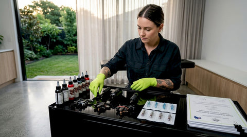 Tattoo artist setting up professional tattoo supplies